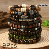 9pcs Bohemian Wooden Bead Bracelet Set for Couples - Vintage Handmade Wooden Bead Bracelets with Turquoise and Coconut Shell, Adjustable Braided Bracelets for Men and Women, Retro Fashion Jewelry Gift for Valentine'S Day, Party Occasion, All Seasons, Par