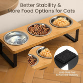 Adjustable Raised Cat Food Water Bowl 15° Tilted Pet Feeding Station with Bamboo Stand, 3 Bowls for Cats and Small Dogs Durable Wooden Dining Table for Dry and Wet Food, Anti-Slip, Easy to Clean