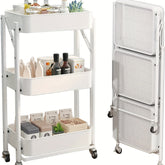 3 Tier Metal Folding Trolley Cart Storage Rack Rolling Shelf Beauty Office Wheel, Standing Shelf