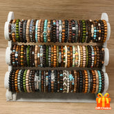 34pcs Bohemian Style Natural Wood Bead Bracelet Set| Turquoise Cat'S Eye Stone& Zinc Alloy Pendants| Unisex Stackable Design| Christmas Valentine'S Mother'S Day Gift| Non-Coated Metal| Multi-Style Assortment