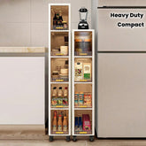 Vertical Storage Cabinet , Heavy-Duty Plastic , 6-Tier Narrow Space-Saving Shelving Unit with Doors , for Kitchen, Office, Small Spaces , Compact Multi-Purpose Organizer , White/Black , Sturdy Modern Shelving Cabinet for Narrow Hallways & Corners