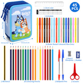 Bluey 3 Tier Large Pencil Case Multi Compartment School Supplies Stationery Colouring Pens Pencils Sets