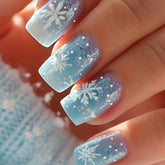 24pcs Winter Snowflake & Glitter Press-On Nails Set - Short Square Light Blue to White Gradient Glossy False Nails with Snowflake Tips, Easy Application Kit for Christmas, New Year Parties, Nail Art, Festive Manicure, Durable Pressons, Holiday