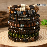 A Set Of 10 Bohemian Style Wooden Bead Bracelets, with Coconut Shell Wooden Beads, String Beads And Hand-woven - Natural Wood And Turquoise Bead Bracelet Set, Suitable for Couples.