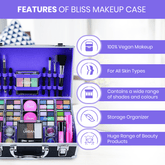 Love Urban Beauty Bliss Makeup Case Vegan Cosmetic Products – Complete Suitcase Eyeshadow, Blusher, Lipstick, Eyebrow Wax & Powder, Brushes Aluminium-Framed Organizer - 72pcs