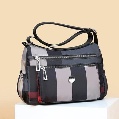 Stylish Women's Striped Crossbody Bag - Large Capacity Oxford Cloth Shoulder Handbag with Multiple Pockets, Black & Gray Vertical Stripes, Perfect for Travel, School, and Daily Use, Versatile Handbag | Fashionable Crossbody | Polyester Lined Interior