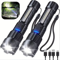 2pcs USB Rechargeable LED Flashlights - 7 Lighting Modes, Super Bright Tactical Handheld Flashlight with Telescopic Zoom, Built-in Battery, Lightweight & Portable for Camping, Hiking, Running, Fishing, Cycling, Flashlight Rechargeable